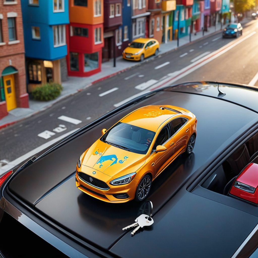 A visual representation of a key unlocking a car shaped lock, surrounded by colorful icons representing various car insurance features such as coverage, discounts, and protection. The background features a cityscape with a car driving through, symbolizing affordability and accessibility. Bright and vibrant colors to evoke a sense of optimism and clarity. super-realistic. vibrant colors.