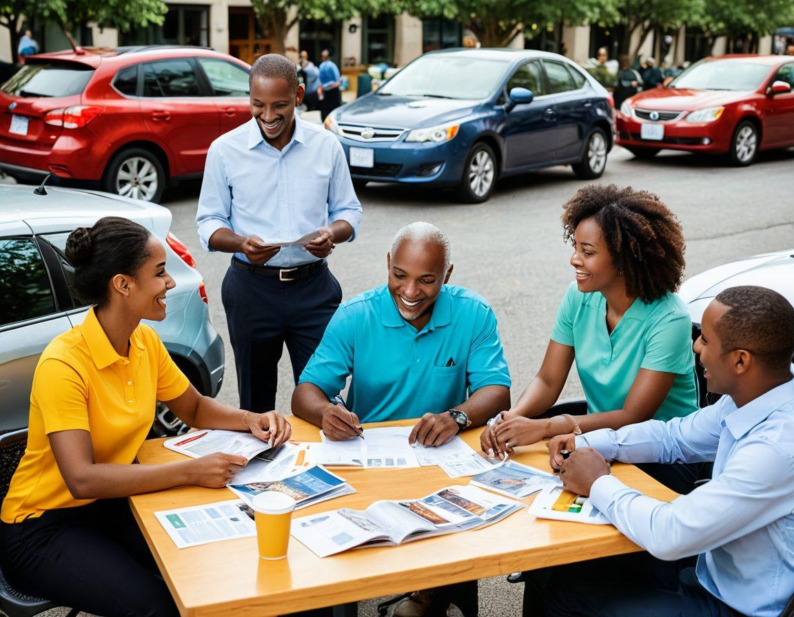 A diverse group of drivers joyfully examining various car insurance plans at an outdoor café, with colorful brochures and laptops open on their tables. In the background, a range of cars, from compact to SUVs, represents different driving styles. The scene is filled with light and inviting colors to evoke a sense of trust and affordability. super-realistic. vibrant colors. sunny day.