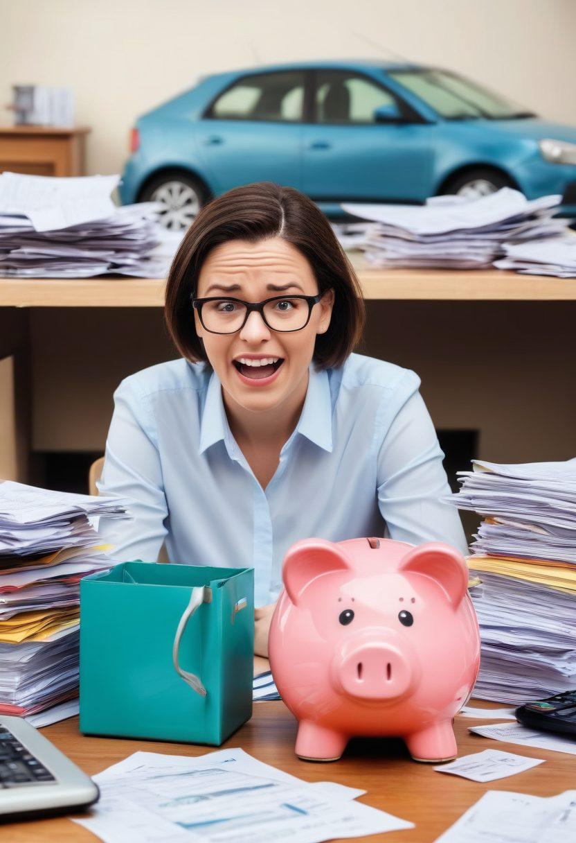A split-screen image showcasing two contrasting scenes: on one side, a worried car owner looking at expensive insurance quotes amidst paperwork, and on the other side, a joyful car owner celebrating savings with a computer displaying savings on car insurance. Include elements like a calculator, a piggy bank, and a car in the background to emphasize savings and protection. Bright, engaging colors to capture attention. super-realistic. vibrant colors.